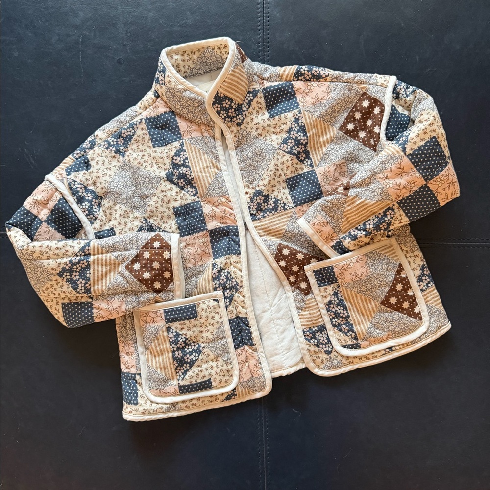 RYLEE & CRU Quilted Patchwork Jacket - Cream, Blue & Brown